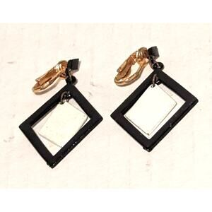 Vintage MCM Costume Jewelry Concentric Black white Clip Geometric Metal Earrings